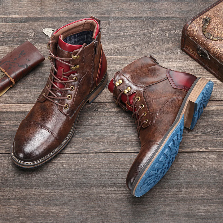 Classic men's vintage lace-up ankle boots with convenient side zipper for easy wear & sophisticated style.