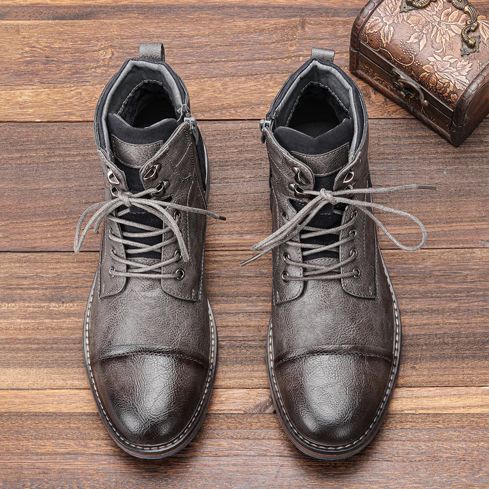 Side view: Men's ankle boots with side zipper, highlighting vintage style and secure lace-up closure.