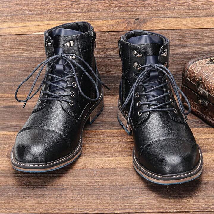 Men's durable lace-up ankle boots, vintage inspired, with a practical side zipper for lasting wear.
