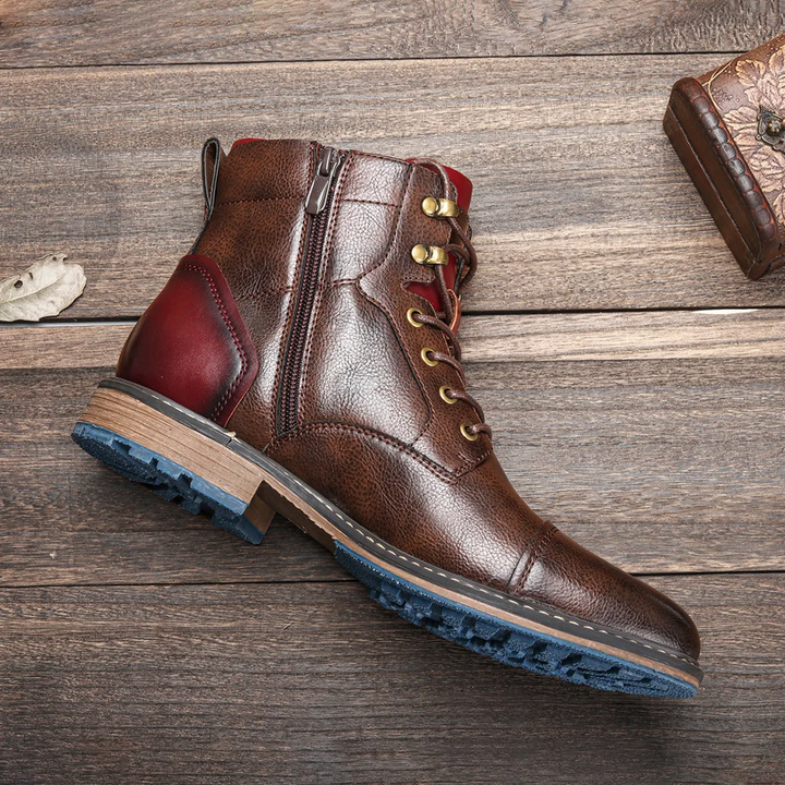 Durable men's ankle boots, vintage lace-up design, featuring a practical side zipper for daily wear.