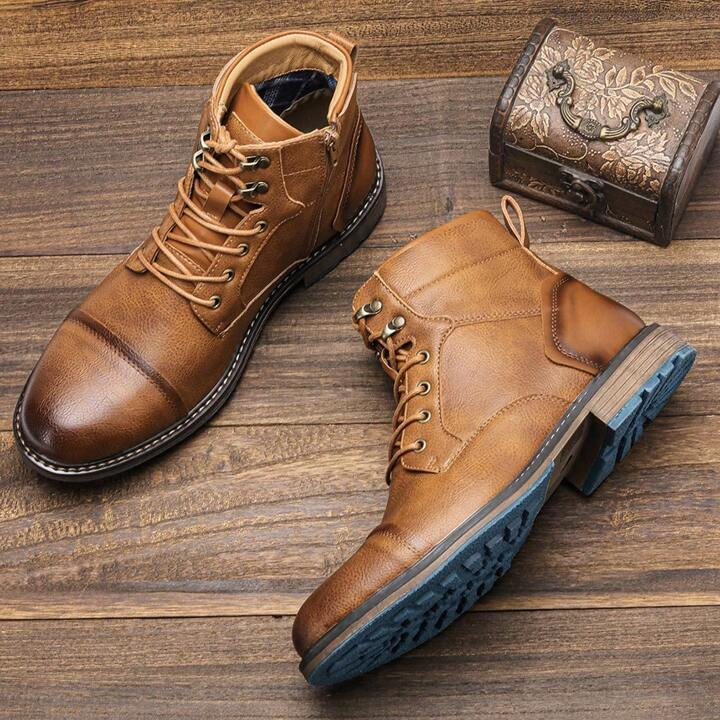 Comfortable men's vintage style ankle boots, detailed with lace-up front & practical side zipper.