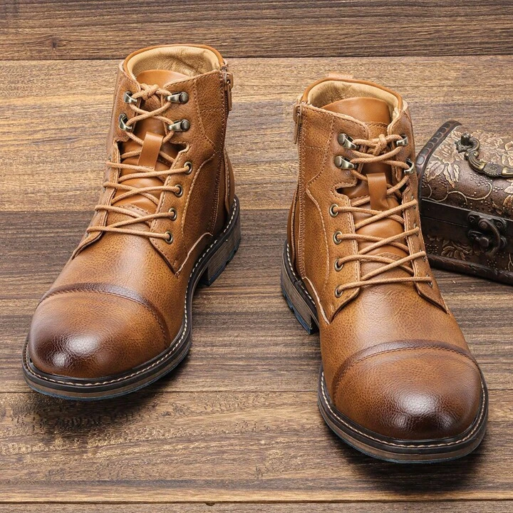 High-quality men's vintage lace-up ankle boots, a versatile choice with side zipper for all-day comfort.