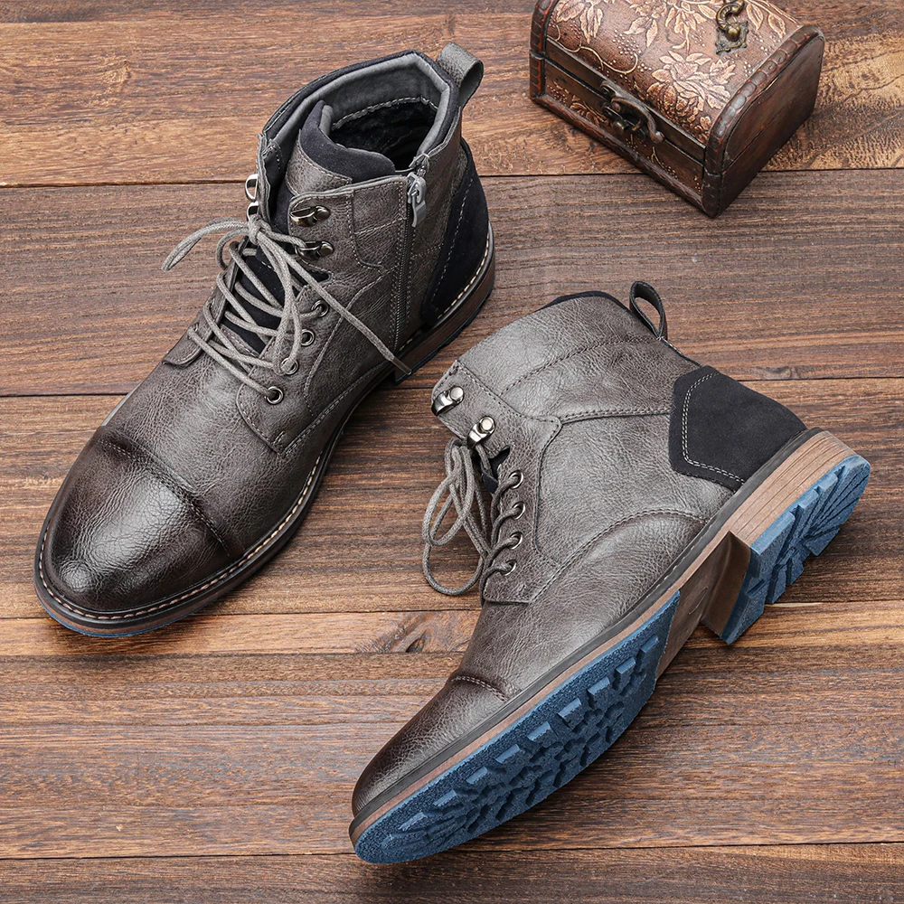 Men's formal & casual vintage lace-up ankle boots. Features a sturdy design & handy side zipper.