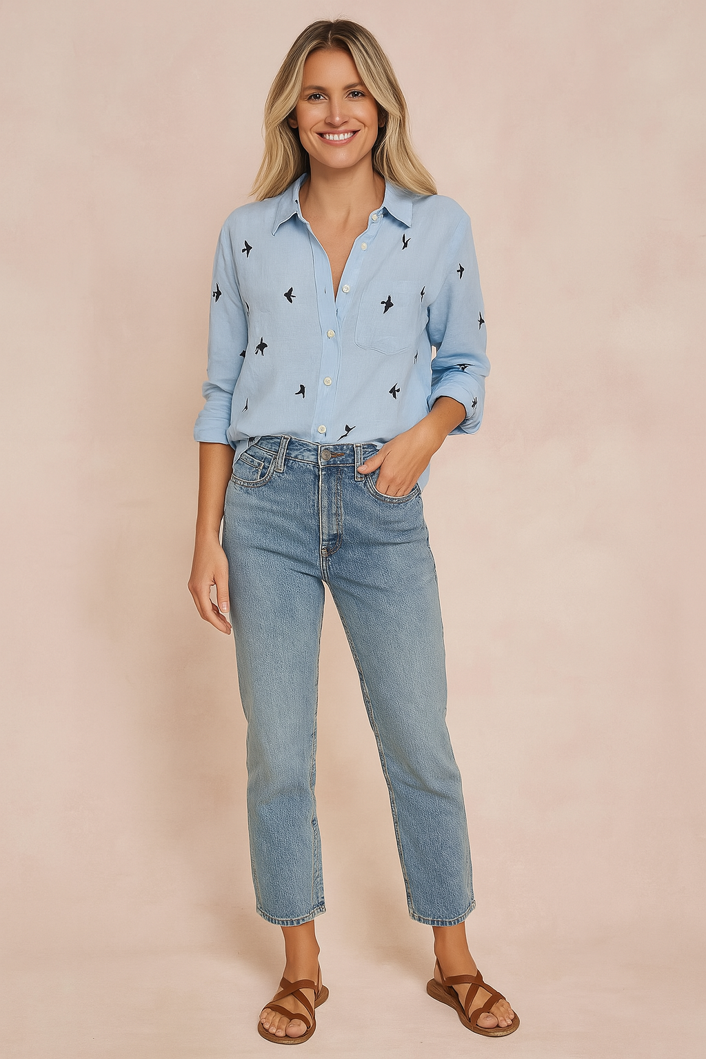 Classic white women's button-up shirt, long sleeve, perfect for casual or office everyday wear.