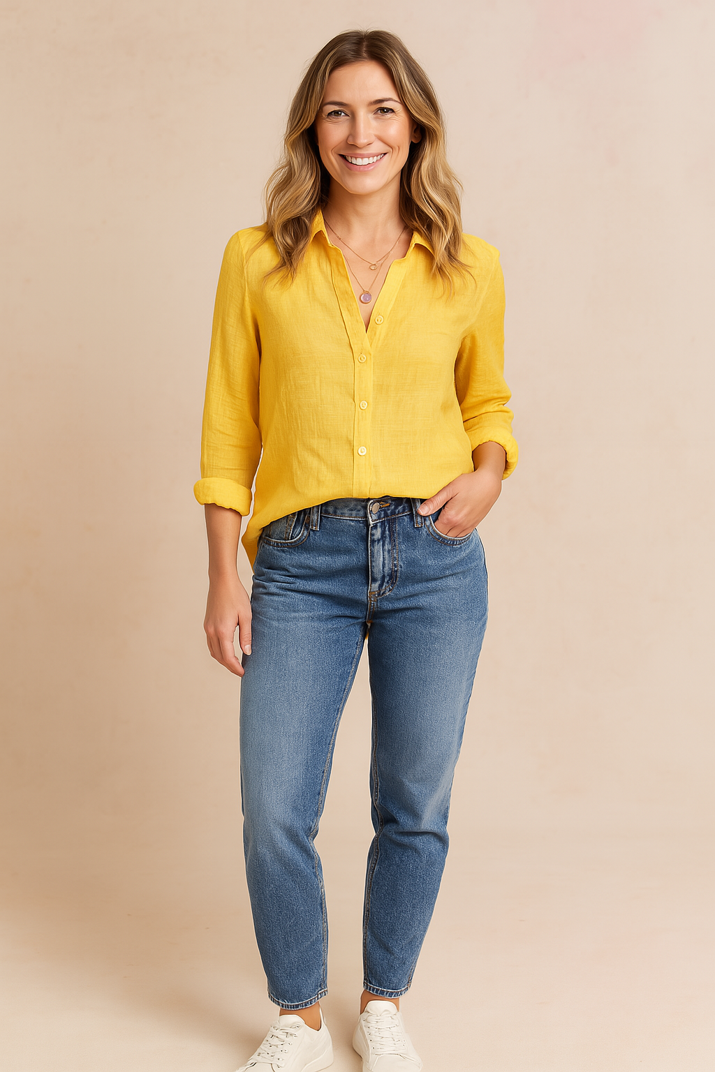 Stylish women's long sleeve blouse, button-up, versatile for everyday fashion & comfort.