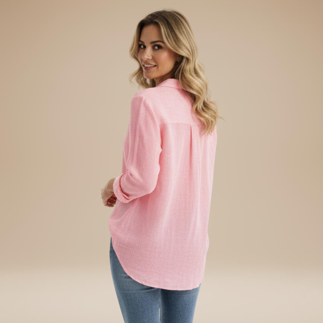 Grey women's long-sleeve button-up shirt, a classic and essential top for office and everyday fashion.