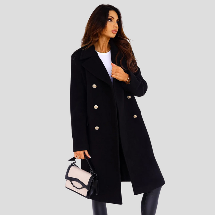 Classic women's double-breasted long coat in a neutral tone, perfect for elegant outerwear.