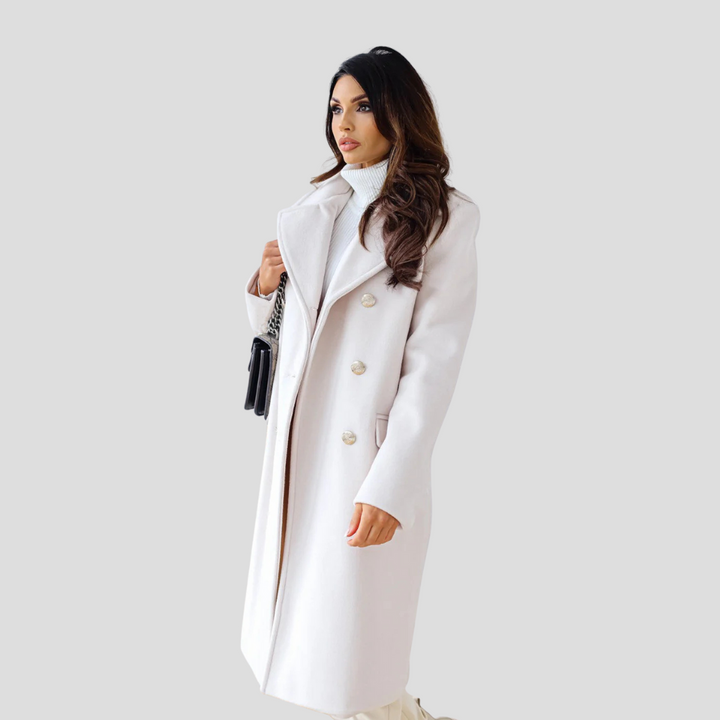 Professional women's double-breasted long coat, essential for business and fall jacket needs.