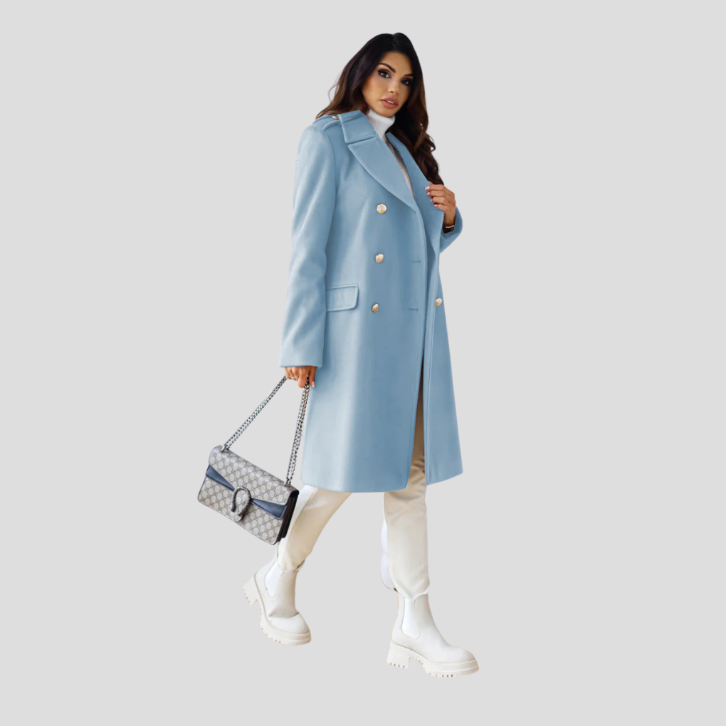 Stylish women's double-breasted long coat, ideal for business attire and classic style.