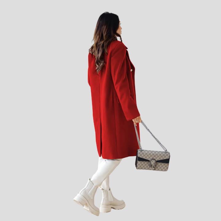 Neutral color women's long coat, double-breasted, a versatile piece for elegant winter fashion.