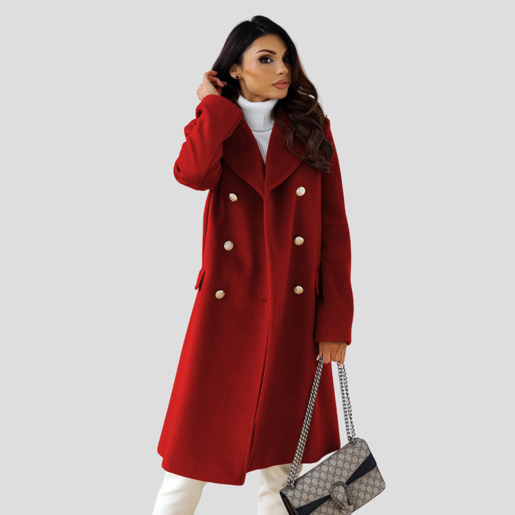 Full-length image of a women's elegant double-breasted long coat, perfect for outerwear.