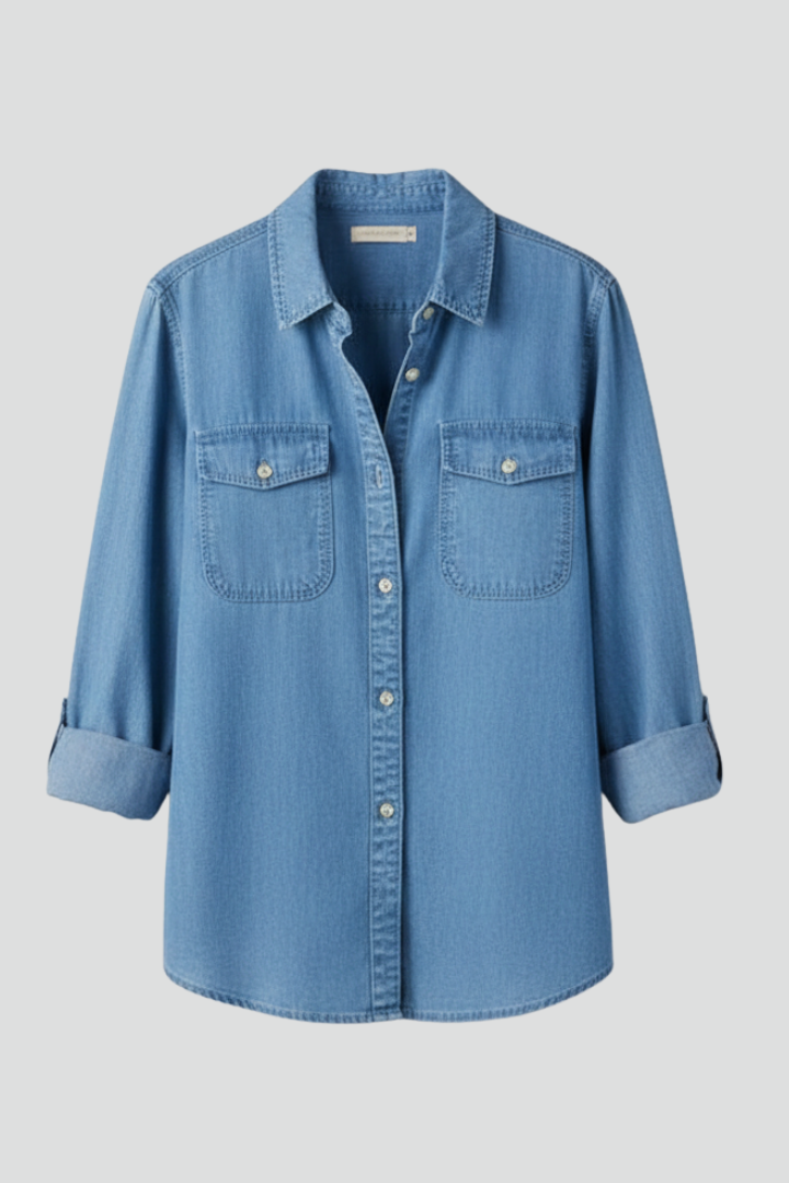 Classic women's long sleeve button-front denim shirt, perfect for casual wear. Versatile jean shacket style.