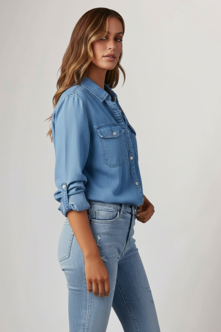 Stylish women's denim shirt, long sleeve with button-front, featuring a timeless classic style for versatile wear.