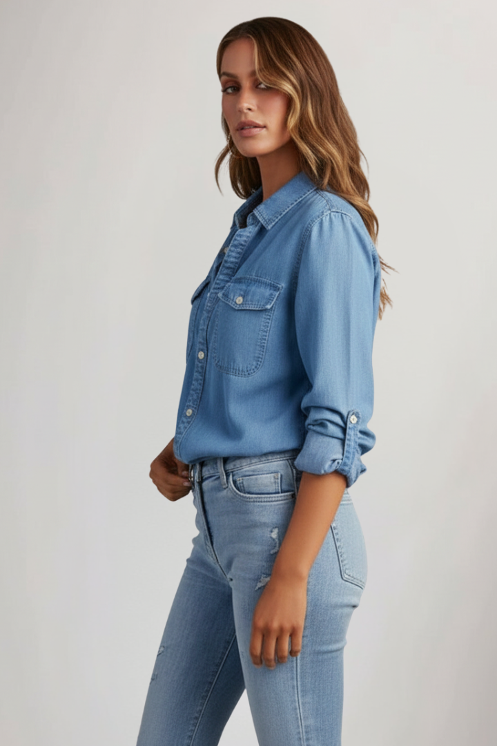 Women's versatile long sleeve button-front denim shirt in a classic wash, great for layering as a shacket.