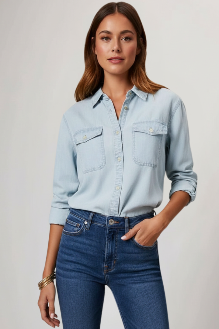 Casual women's jean shirt, long sleeve with classic button-front design, suitable for multiple occasions.