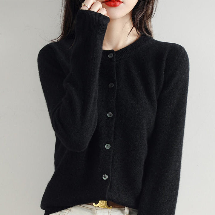 Classic women's round neck cardigan sweater, versatile for all seasons, elegant casual & office wear.