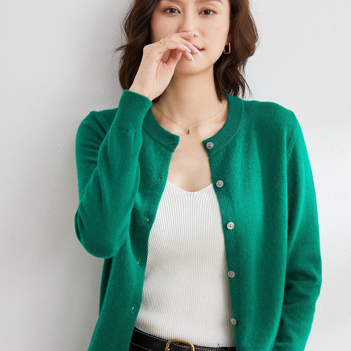 Versatile women's long sleeve round neck cardigan, perfect layering piece for all seasons. Casual & office.