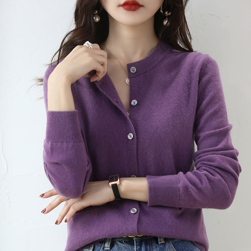 Comfortable women's round neck cardigan, a classic long sleeve sweater for casual wear & everyday style.