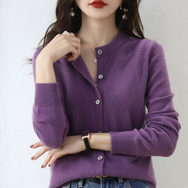 Comfortable women's round neck cardigan, a classic long sleeve sweater for casual wear & everyday style.