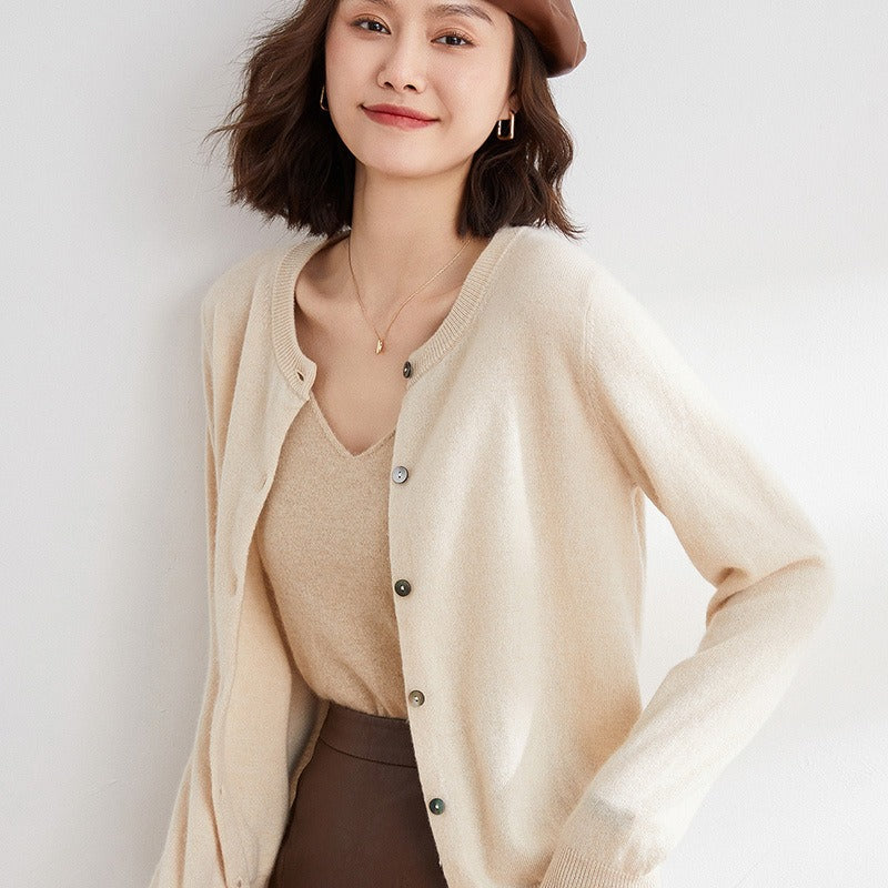 Women's versatile round neck cardigan sweater, a classic long sleeve top for all seasons & occasions.