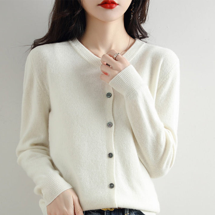 Stylish women's round neck cardigan, classic long sleeve sweater perfect for versatile layering year-round.