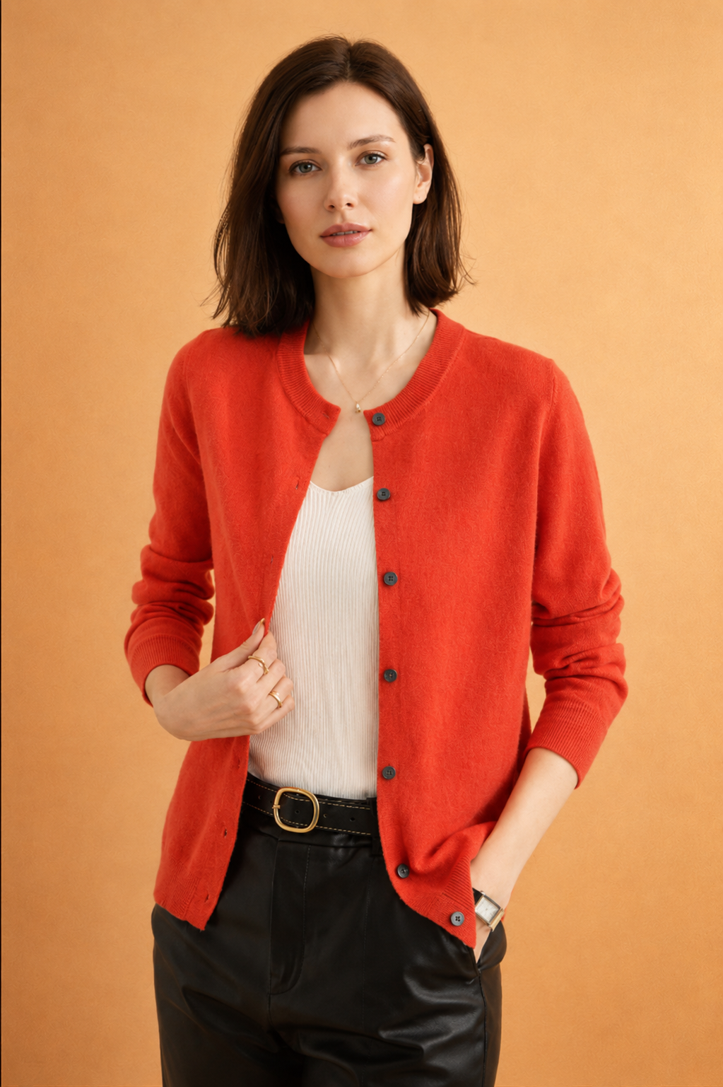 Timeless women's classic round neck cardigan sweater, an essential layering piece for versatile, elegant style.