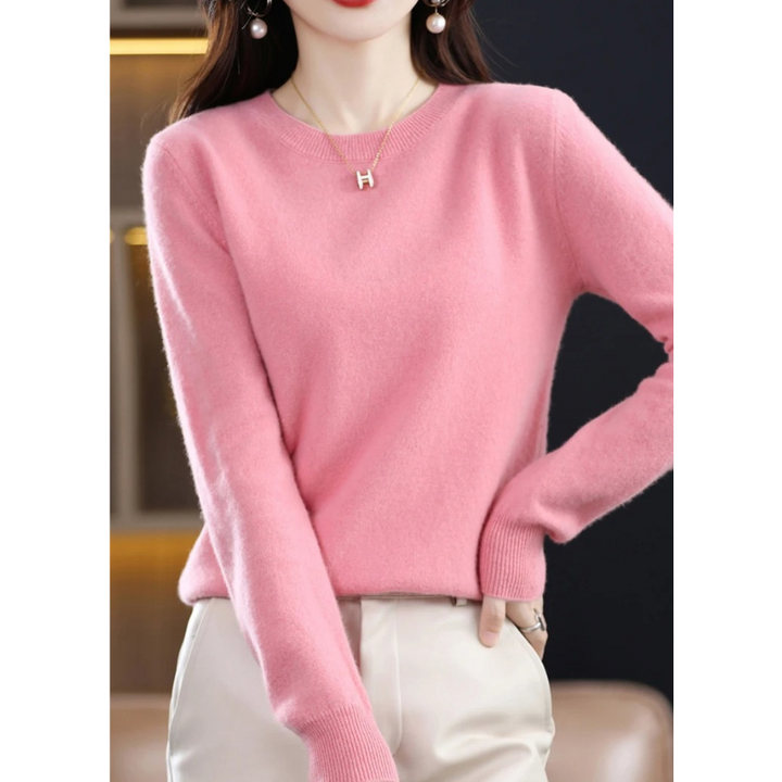 Autumn women's round neck pullover. Soft, comfortable long sleeve sweater for classic everyday style.