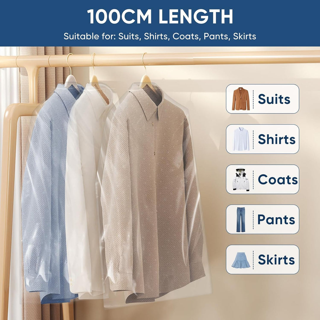 Breathable clear garment bags for long-term clothes storage & dust protection.