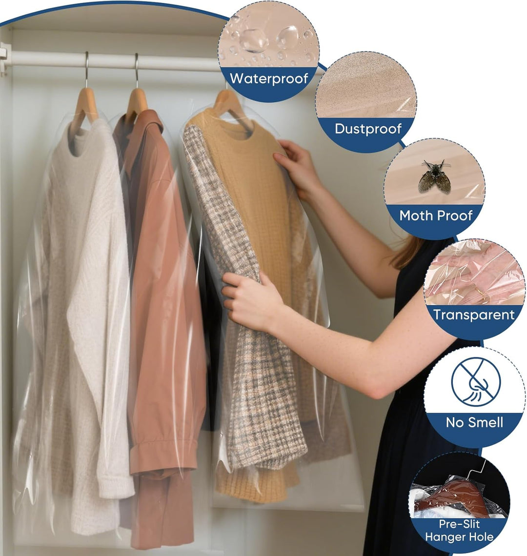 Clear garment bags, 50-piece set, ensuring clothes protection from dust, dirt, & moths.