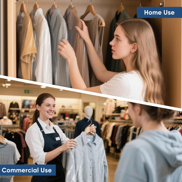 Transparent garment bags for suits, dresses, coats; ideal clothes protection & storage.