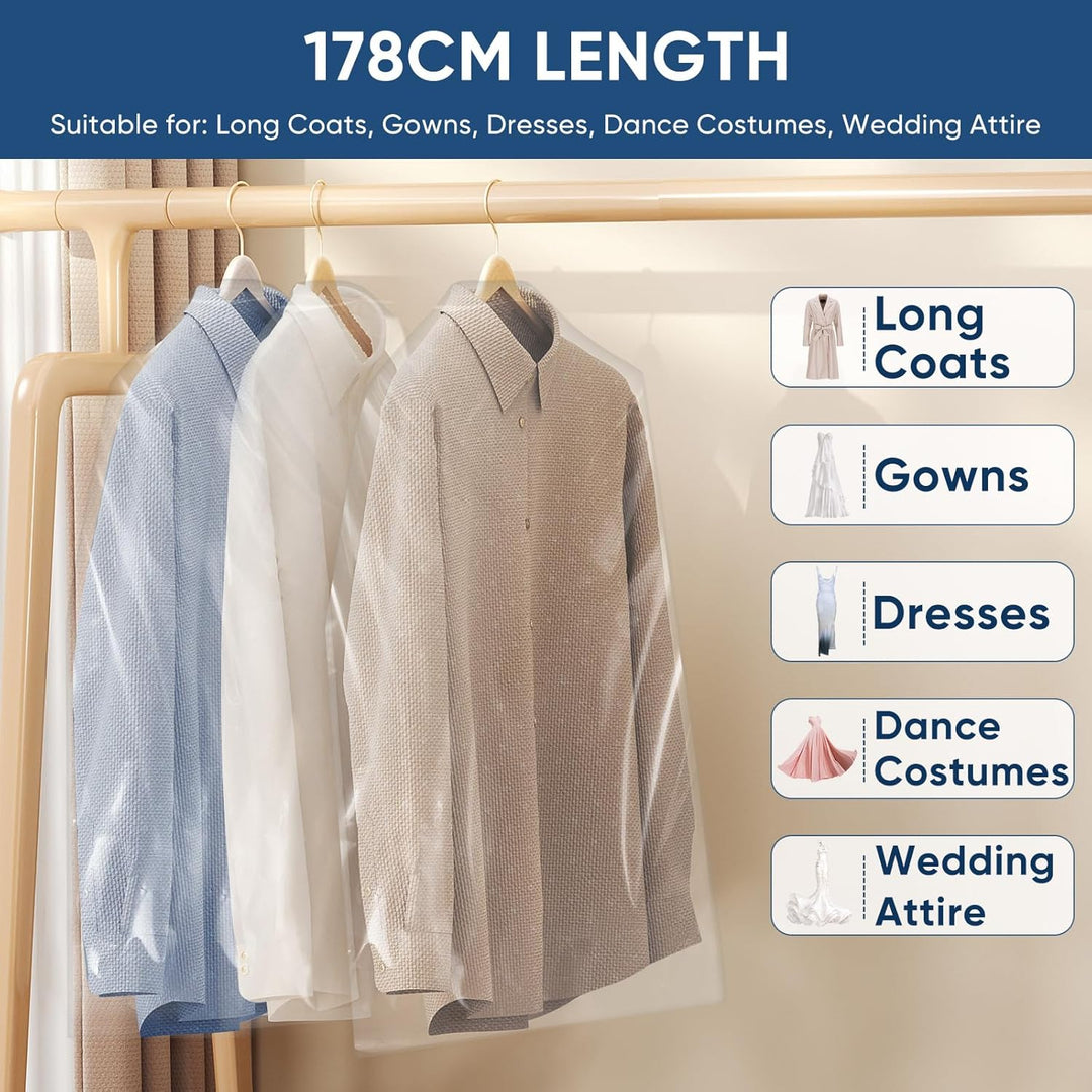 Clear dust cover garment bags; essential clothes protection and storage accessory.