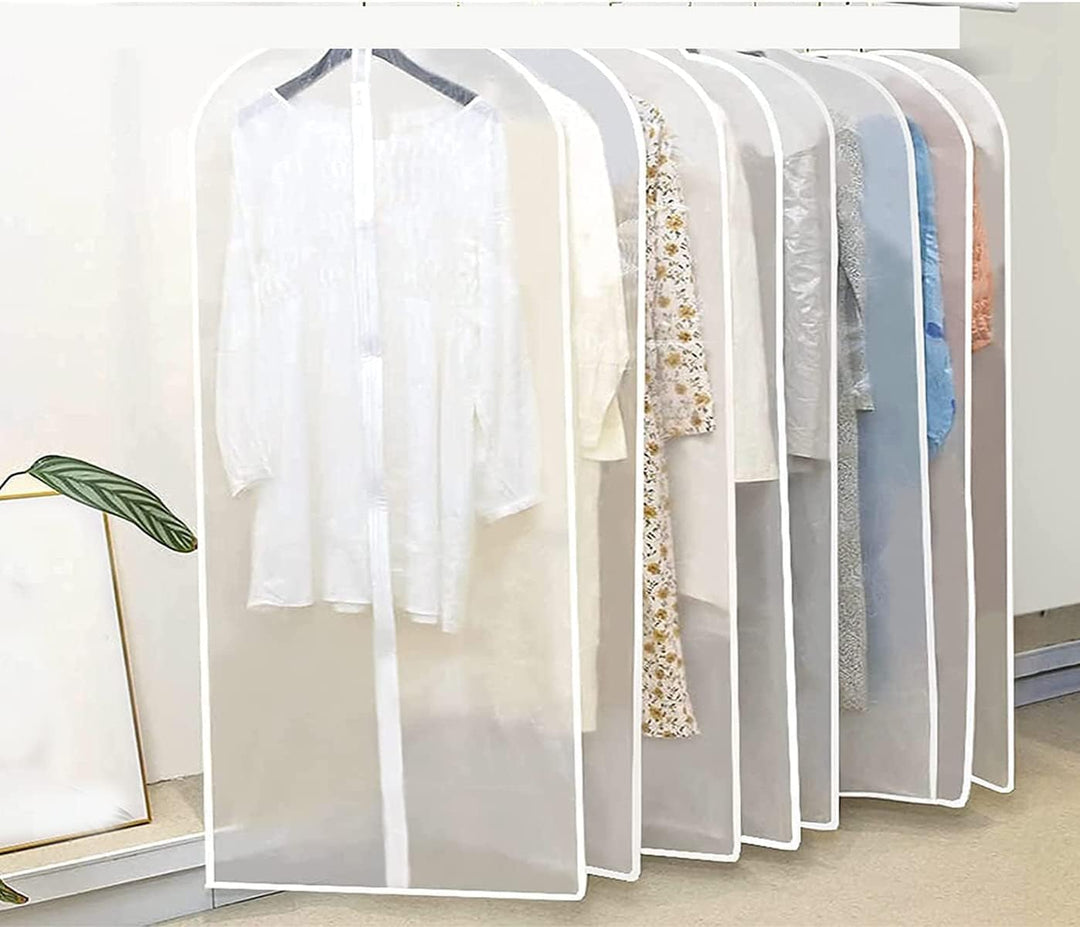 Pack of 10 clear garment storage bags for organized wardrobe protection. Keep clothes dust-free & neat.