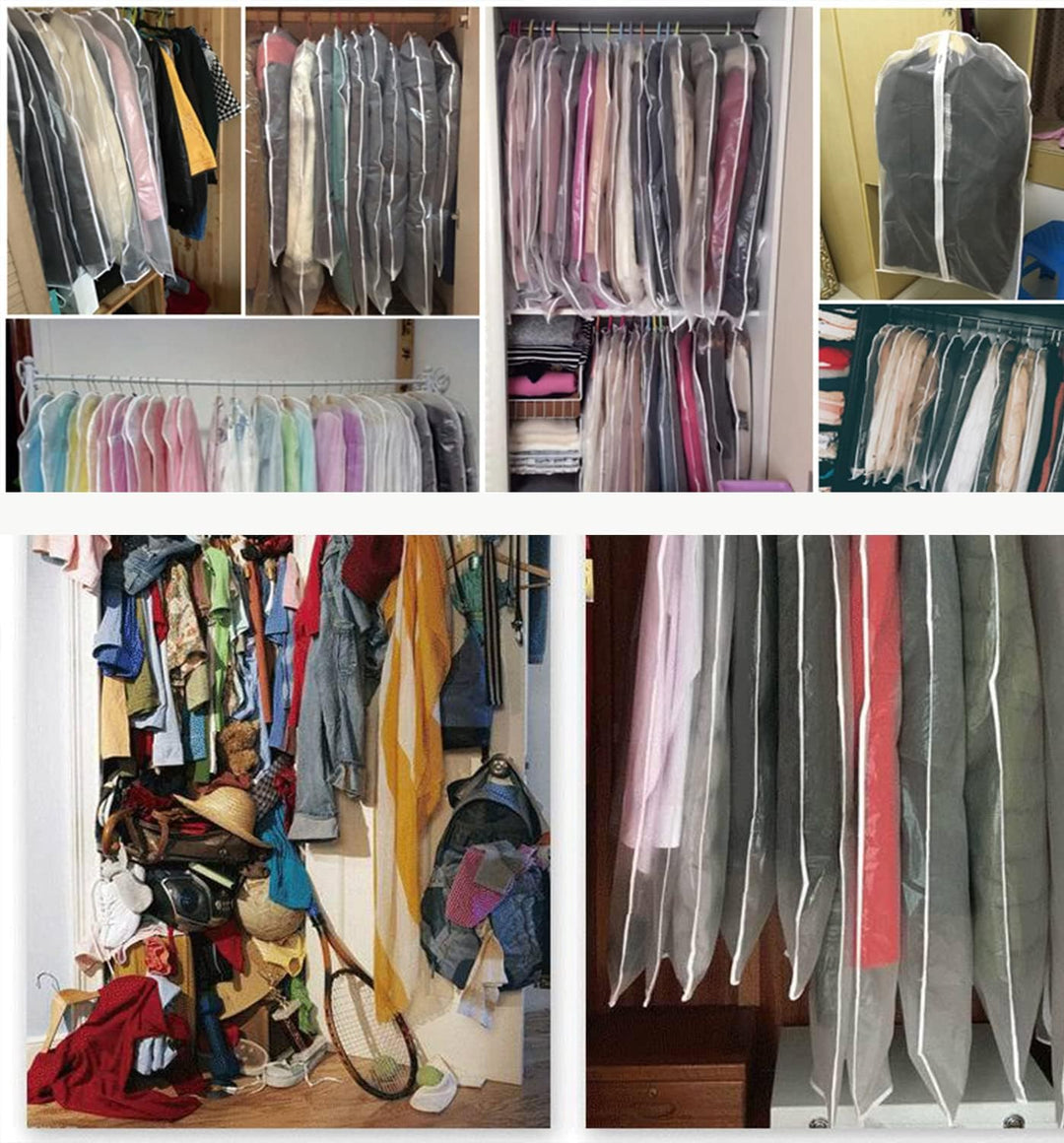 Transparent clothes protector bags for dust-free wardrobe storage. Perfect home organization & travel solution.