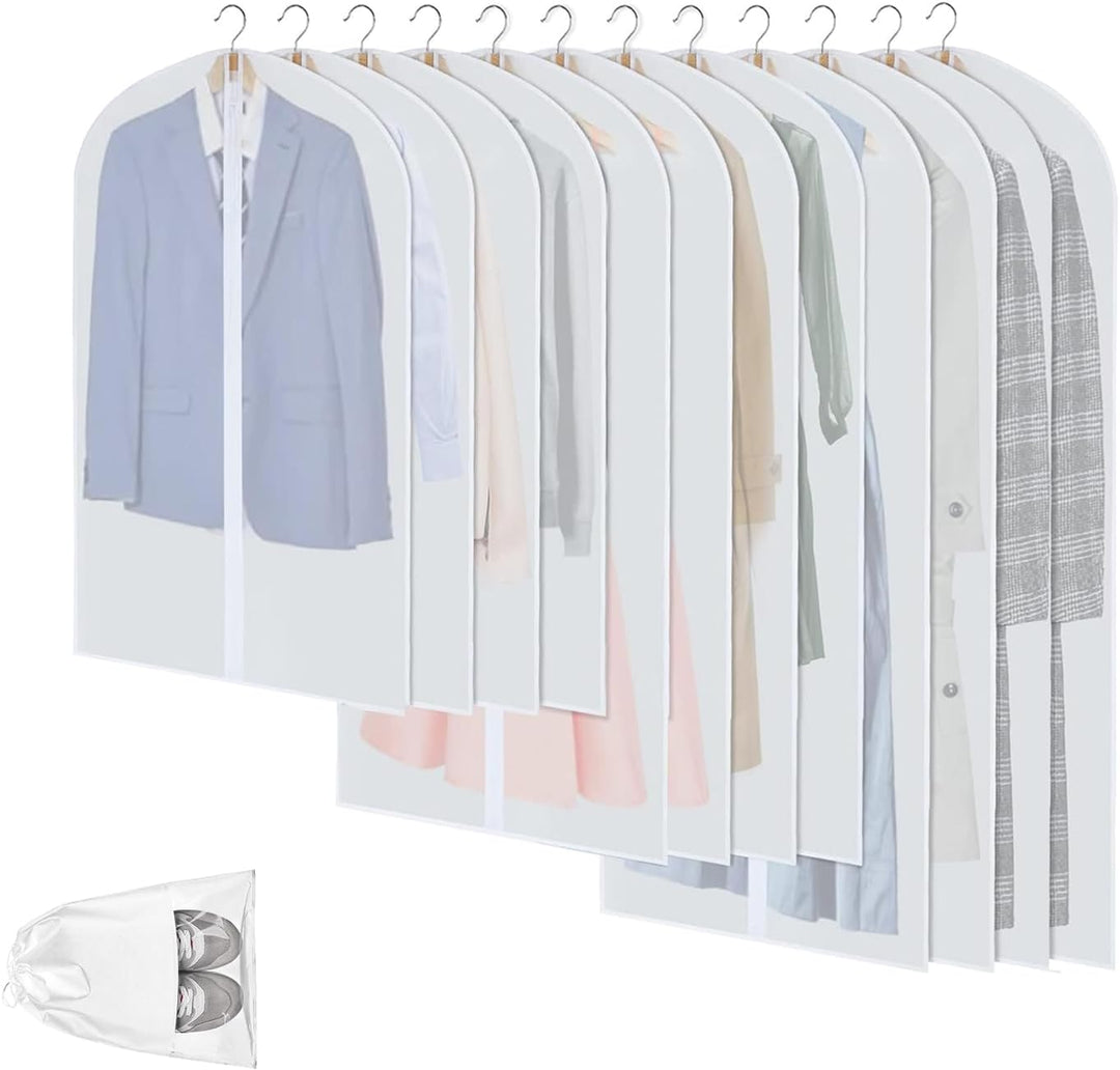 Clear PEVA garment bags, 12-pack, protecting clothes from dust for wardrobe organization.