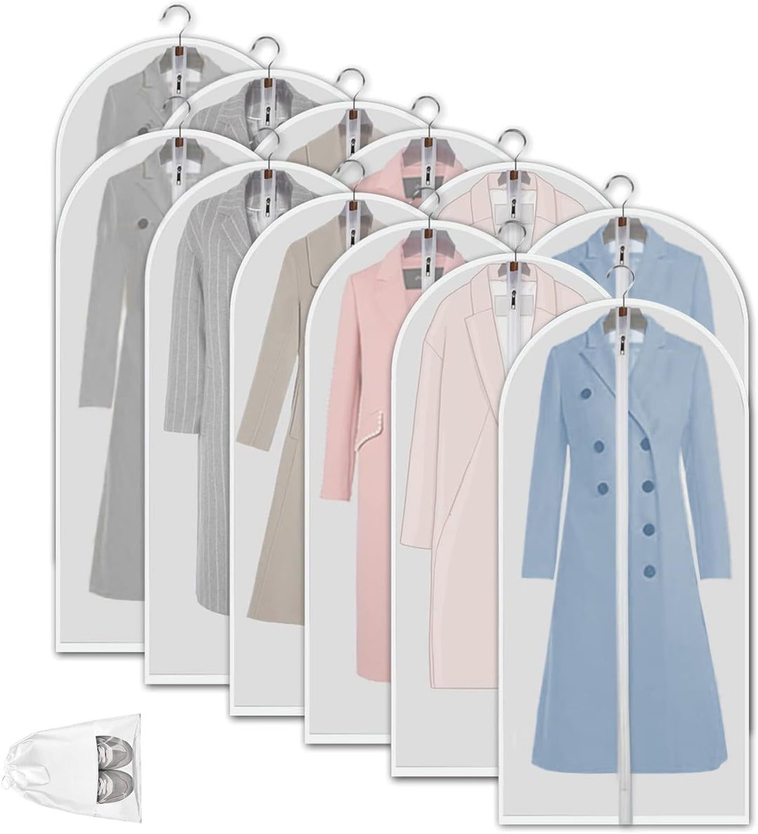 PEVA storage bags for dresses, suits, and coats, clear and durable, 12-pack.