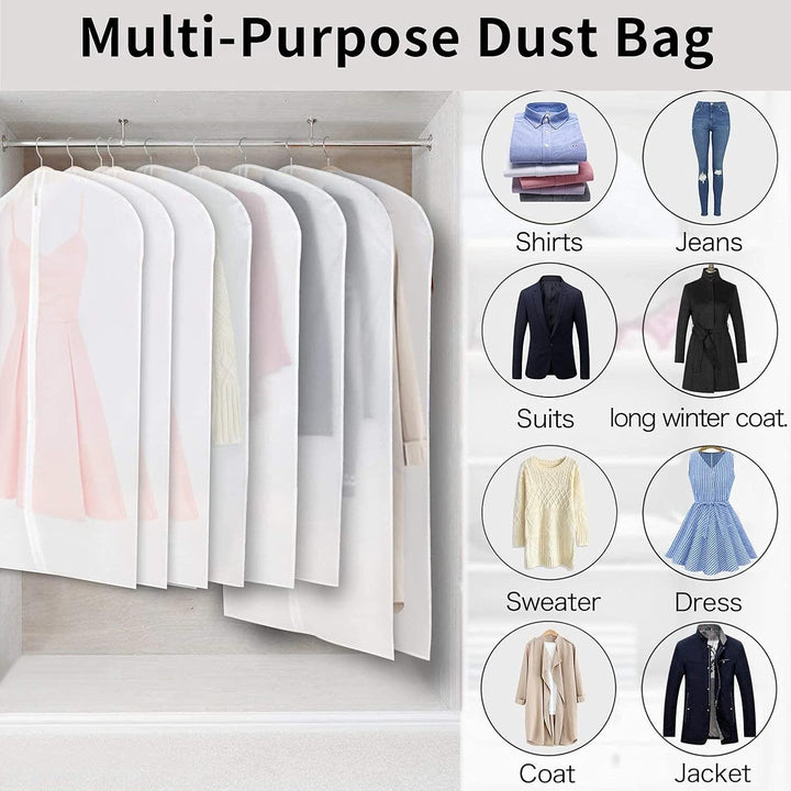 Home storage solution: 12 unisex clear PEVA garment bags for various clothing.