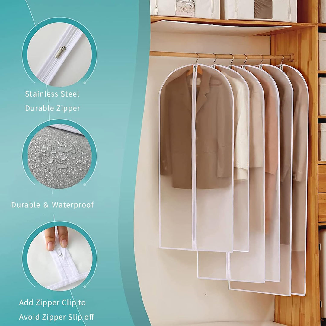 Unisex see-through PEVA clothes protectors for closet storage & dust-free apparel.