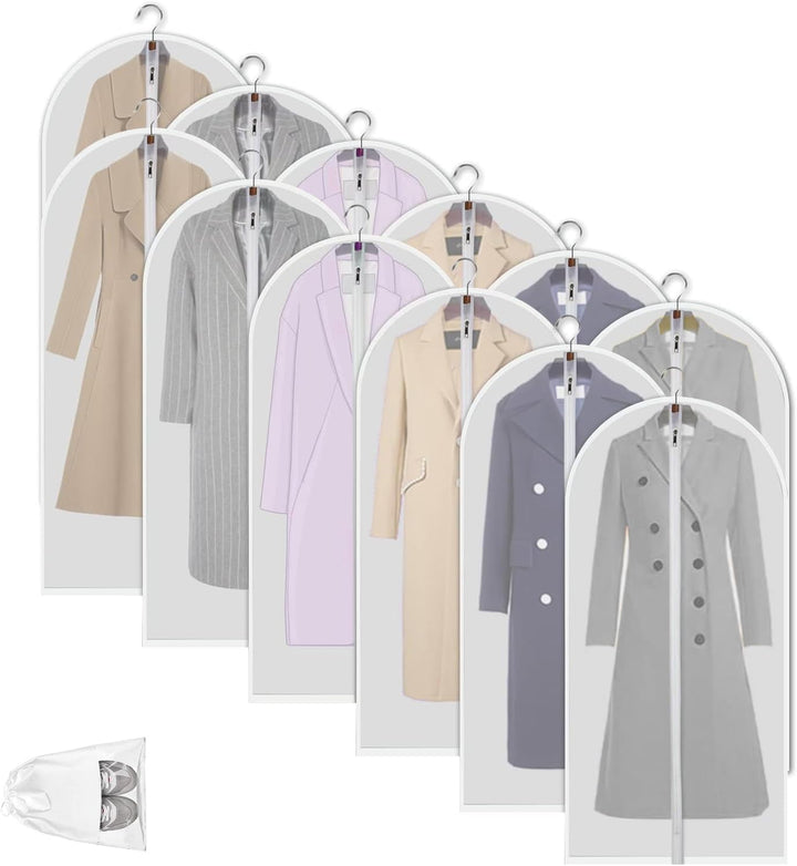 Durable 12-pack clear garment bags for suit, dress, and coat storage & travel.