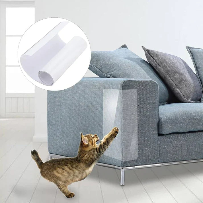 Clear self-adhesive cat furniture scratch protector shield for sofas & chairs. Durable anti-scratch pet guard.