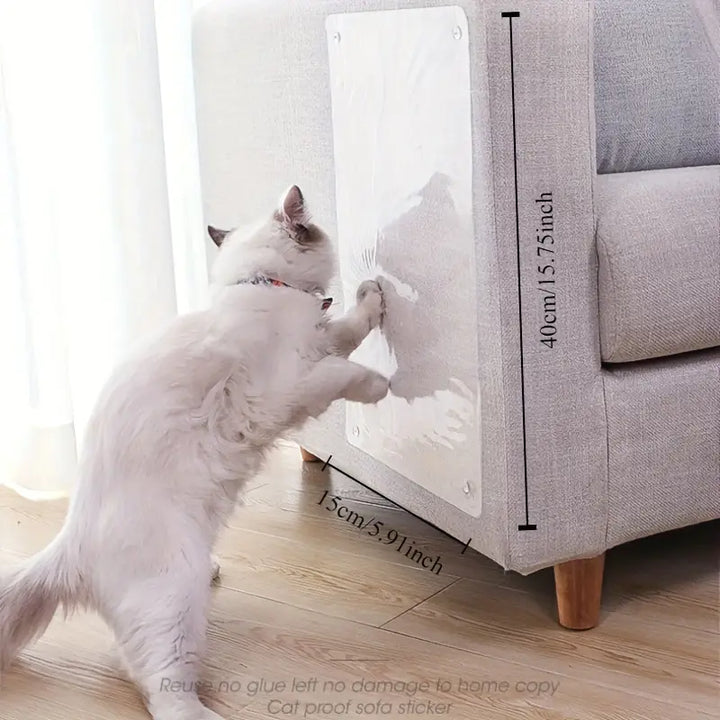 Transparent cat scratch protector shield for furniture. Self-adhesive guard keeps sofas & chairs safe from pet claws.