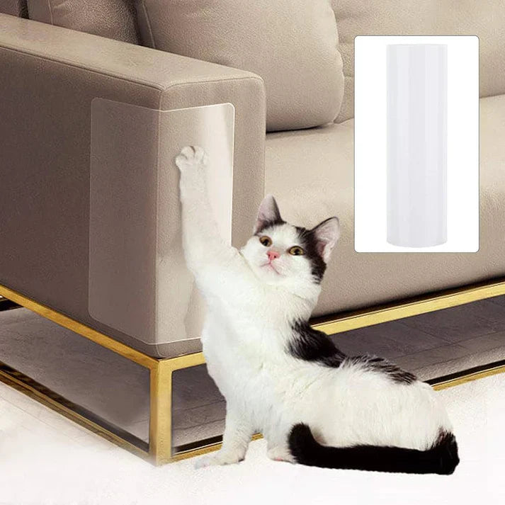 Invisible cat scratch furniture protector. Clear self-adhesive shield blends with decor, guarding sofas from pet claws.