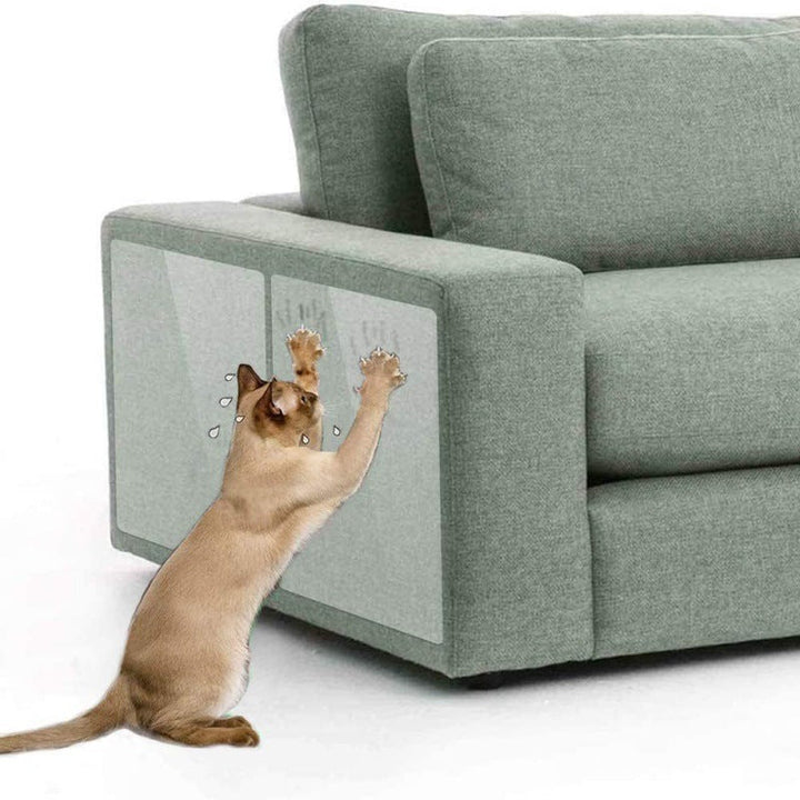 Keep furniture safe with clear cat scratch protector. Self-adhesive shield guards sofas & chairs from pet damage.