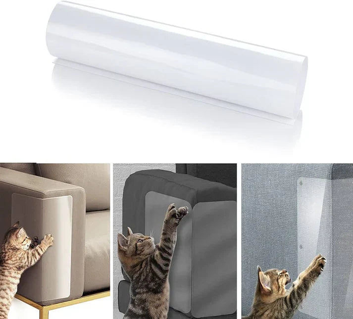 Durable clear cat scratch protector film. Self-adhesive furniture guard for sofas, chairs, & fabric to deter pet scratching.