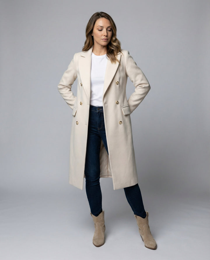 Close-up of a chic women's double-breasted winter jacket, ideal for elegant style.