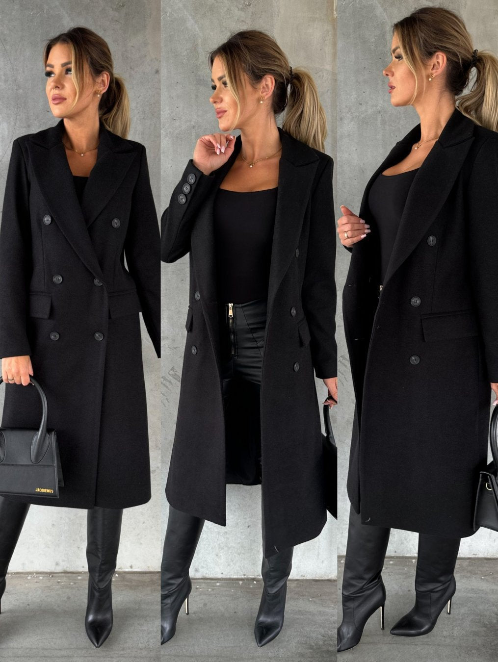 Women's stylish double-breasted winter jacket, perfect elegant outerwear for cold days.