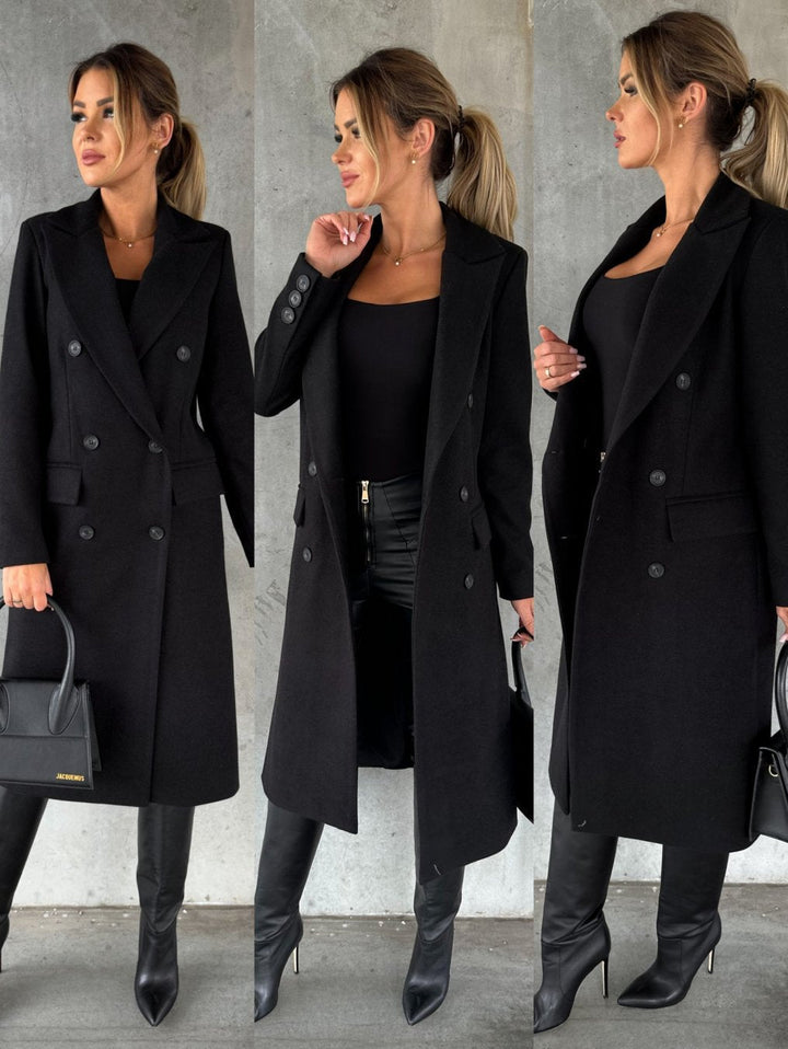 Women's stylish double-breasted winter jacket, perfect elegant outerwear for cold days.