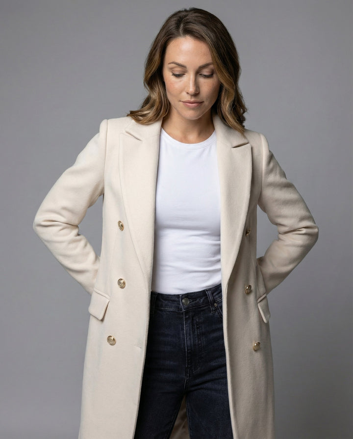 Elegant double-breasted women's jacket, perfect for winter fashion and warmth.