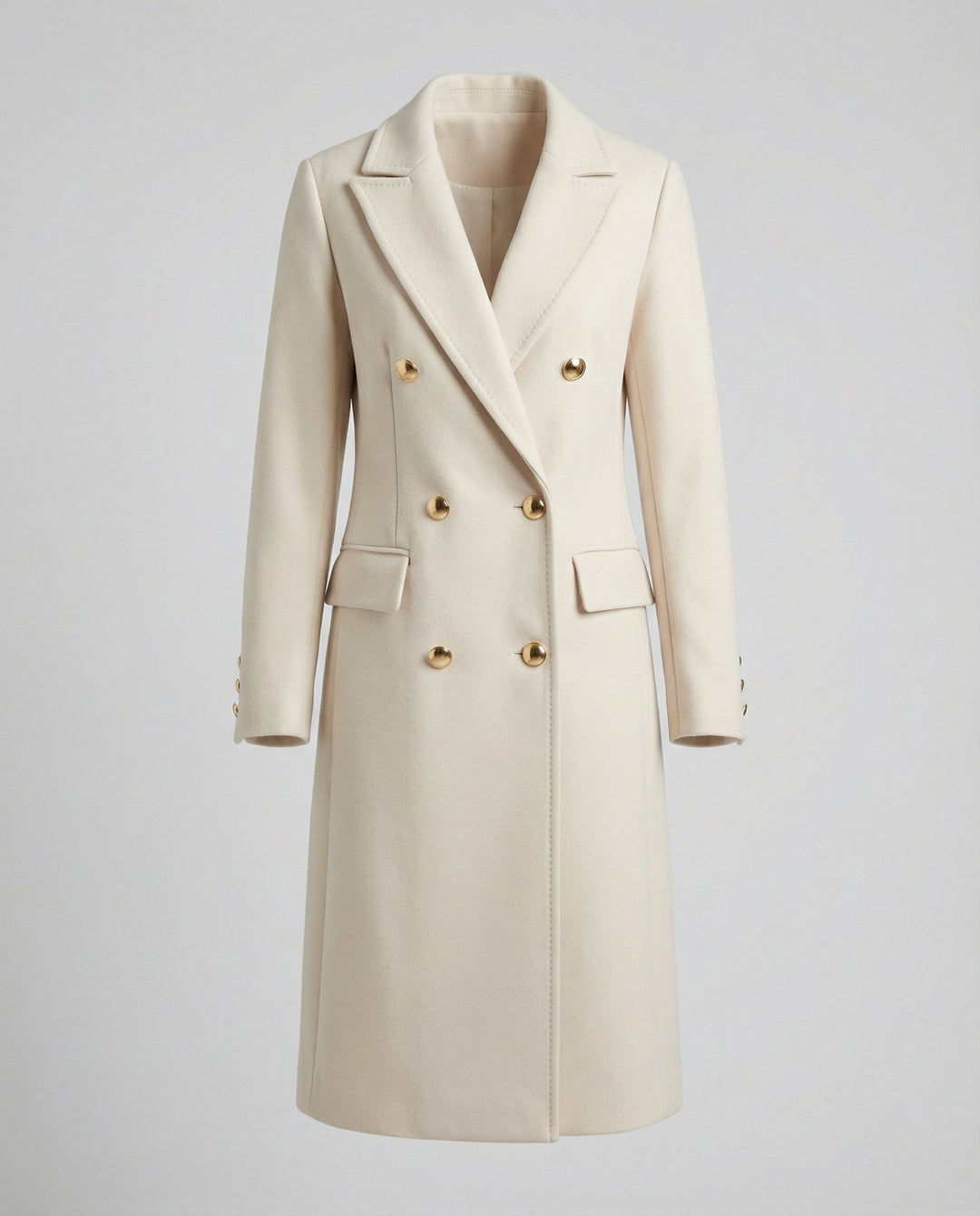 Fashionable women's winter jacket with a classic double-breasted design, elegant style.