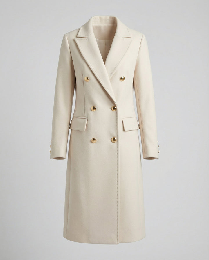 Fashionable women's winter jacket with a classic double-breasted design, elegant style.