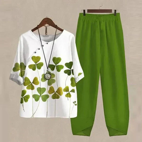 Plus size women's comfortable chic shirt & trouser set. Relaxed fit two-piece for stylish spring/summer fashion.